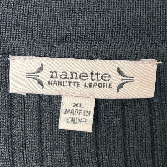 Nanette Lepore Black Ribbed Faux Button Sweater Gold Accent Collared Size XL NWT - Picture 7 of 11